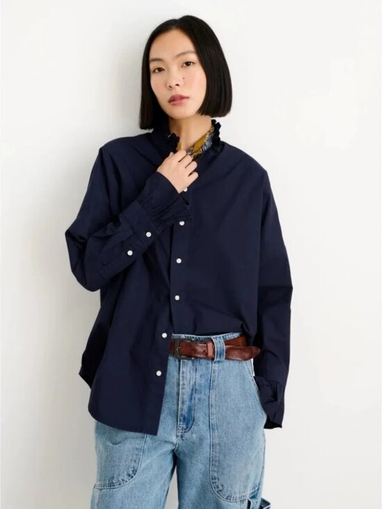 Alex Mill Tops - Alex Mill NWOT Easy Paper Poplin Ruffle Shirt Size M in Navy